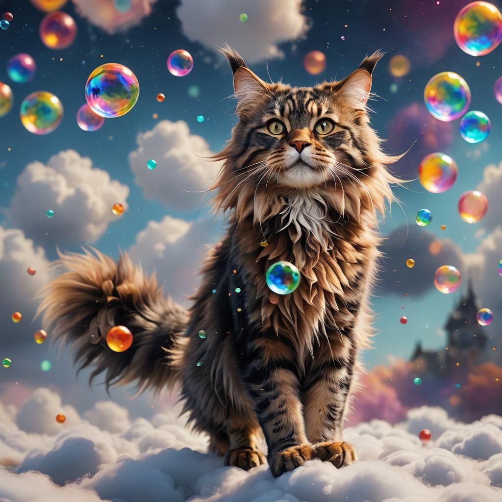 Mainecoon Cat Among Clouds in Fantasy Concept Art