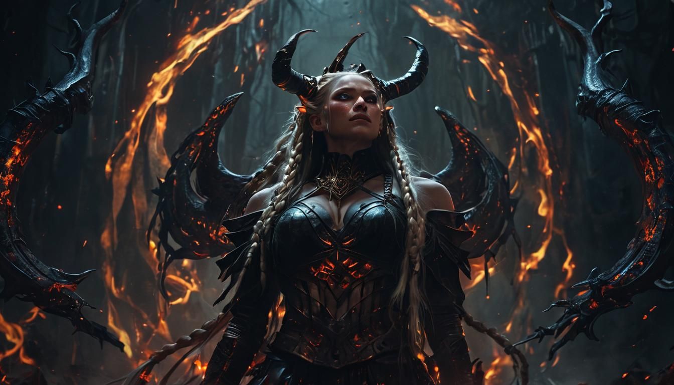 Demon Woman Portrait in Hellish Landscape