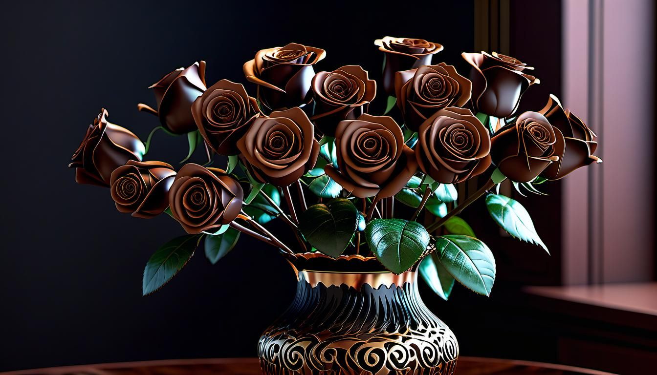 Photograph; "chocolate roses in vase"; intricate; hyperdetai...