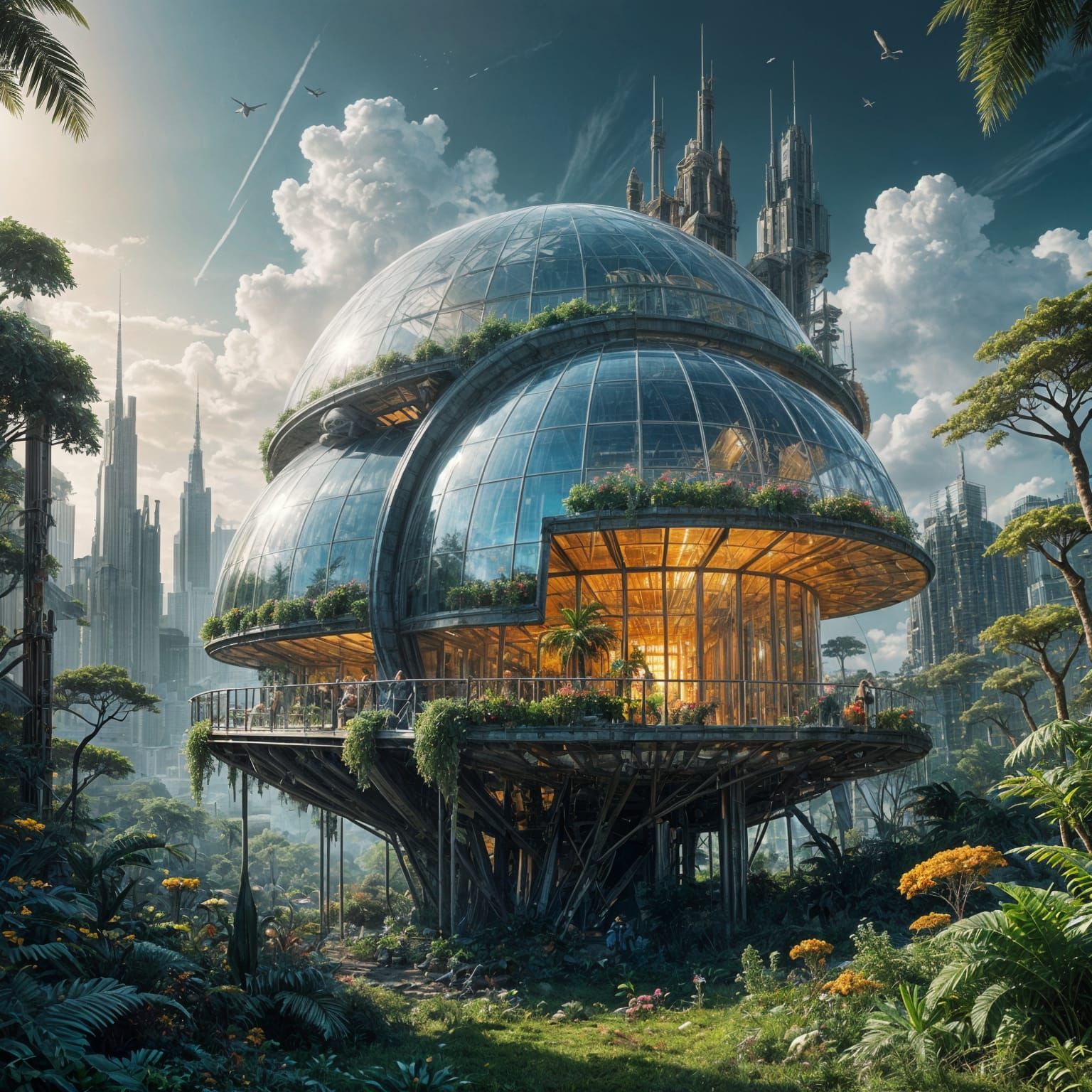 Self-sustaining solar punk city with a colossal iridescent glass dome  by @Dreamer in Hell