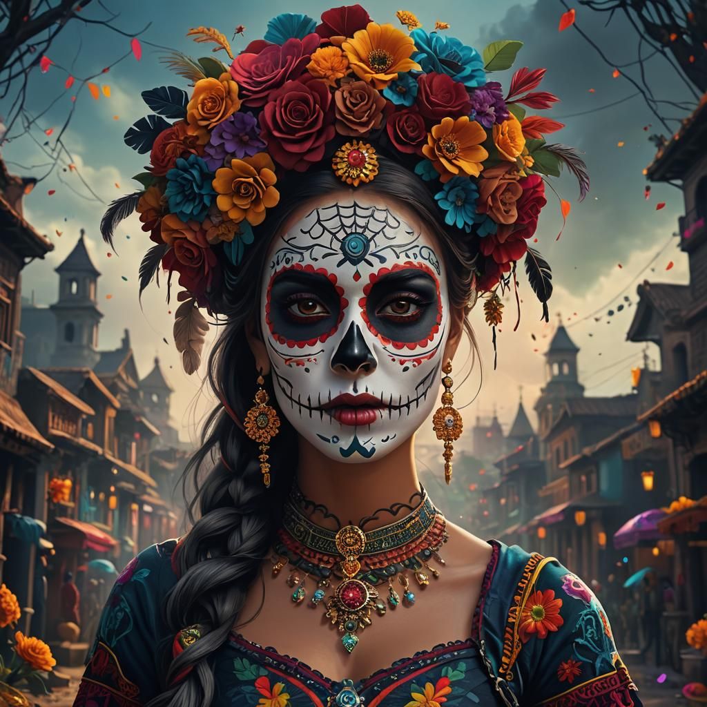 Medium shot of a beautiful woman wearing colorful Día de los Muertos ...