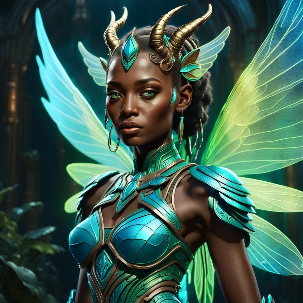 Beautiful African Fairy-Unicorn with neon blue-green fairy w...