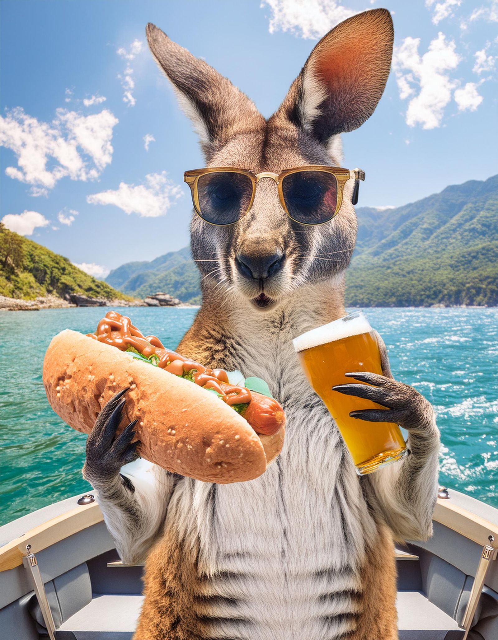 Kanguru eating giant hotdog, drinking beer, in a motorboat