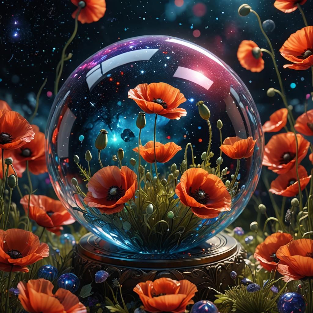 Portray a blooming poppy encased in a cosmic glass sphere.