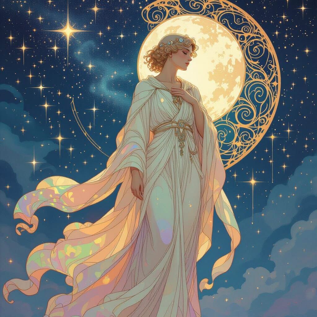 Ethereal Celestial Being in Starry Night, Art Nouveau Style