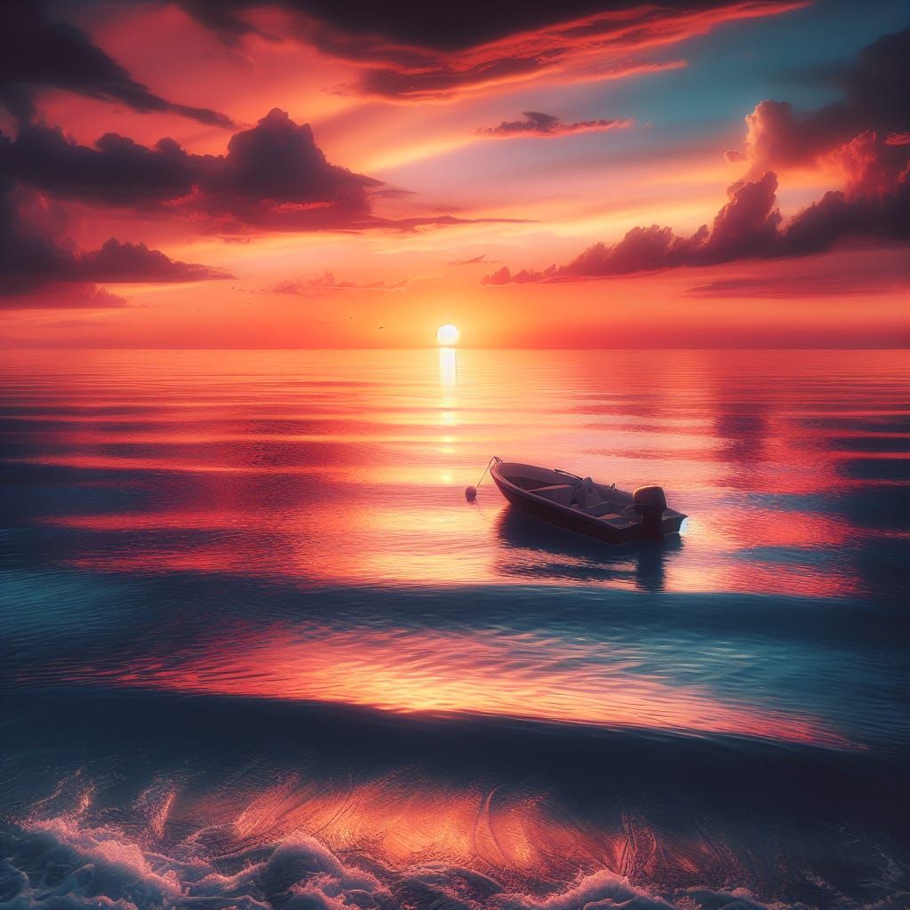 Idyllic Sunset Scene with Motorboat on Calm Ocean