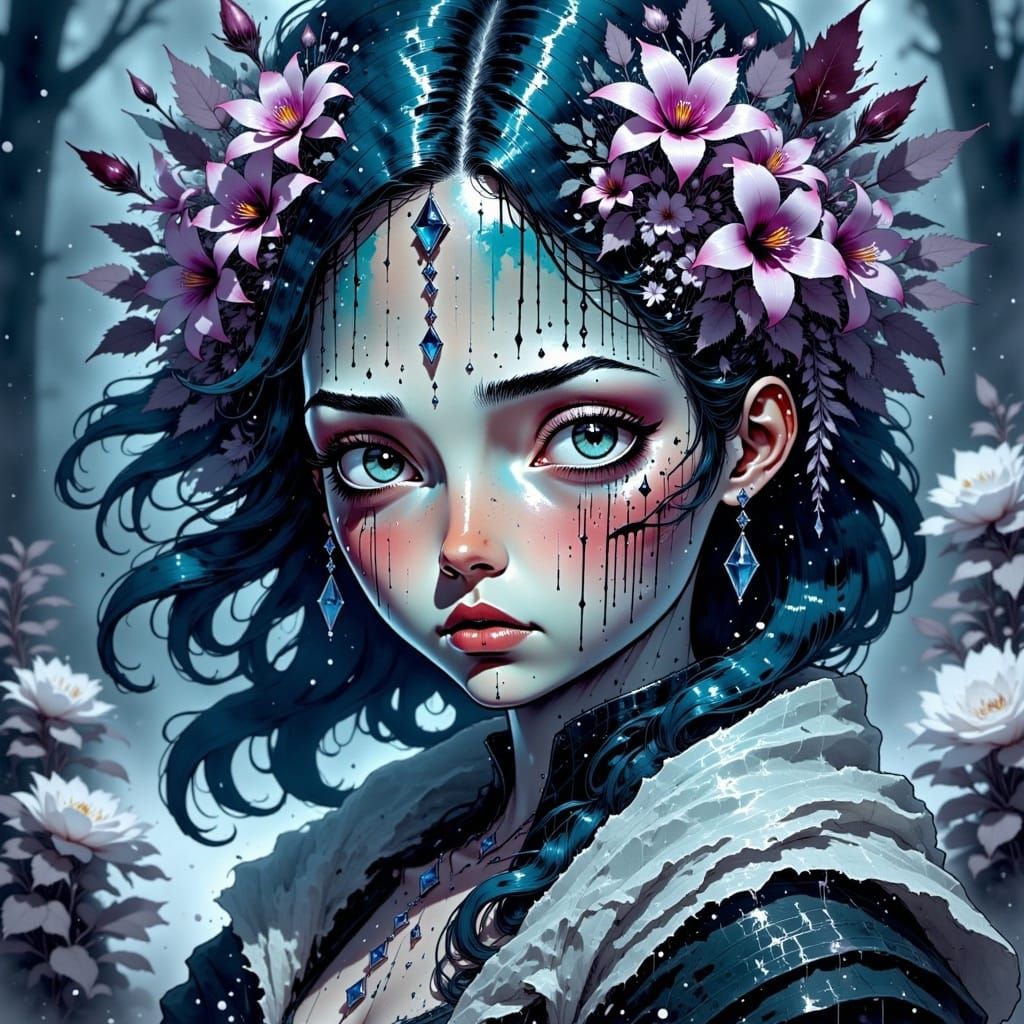 <lora:Ttogttog Ingkeu Fx:1.0>, Portraiture of ethereal frost snow-covered woman, auroral luminescence infused in delicate facial features, p...