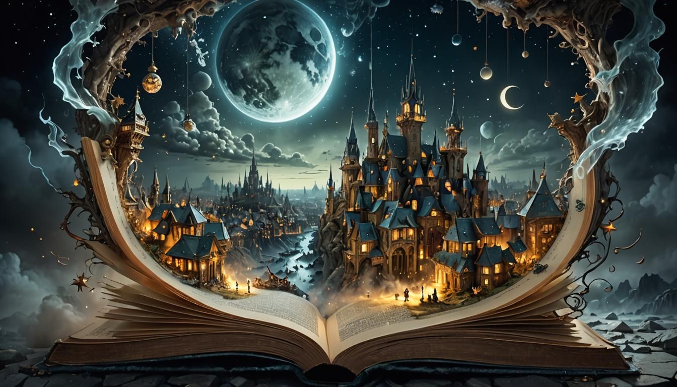 Miniature city coming out of an open book, night time, moons...