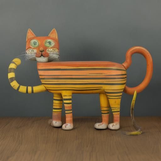 <lora:Whimsey-Wood-DSv8:1.0>Curled up sleeping cat, colourful wooden toy, cute and vibrant, vintage and aged look, cracks and chips in the...