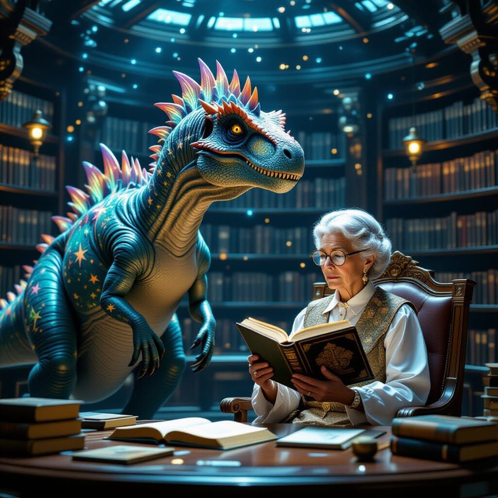 In an alternate timeline, a dinosaur, its scales shimmering with celestial patterns, guards a library where books float freely in zero gravi...