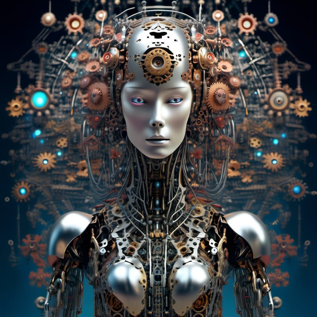 mind-bending, surrealistic artwork that defies easy description. The central figure appears to be a humanoid robot, its metallic body adorne...