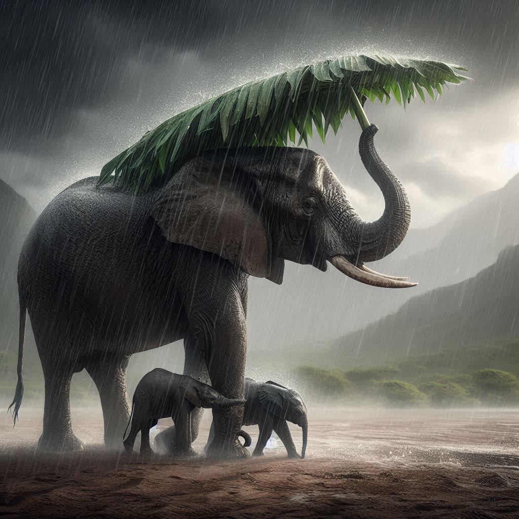 Elephant sheltering their child in rain with palm branch