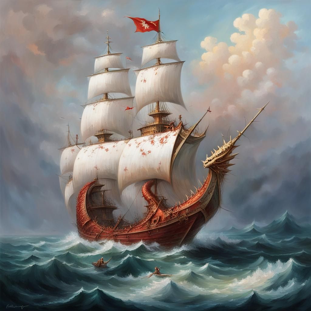 Aivazovsky Style Ship The Castle Of The Prow Of The Ship Is Shaped Like