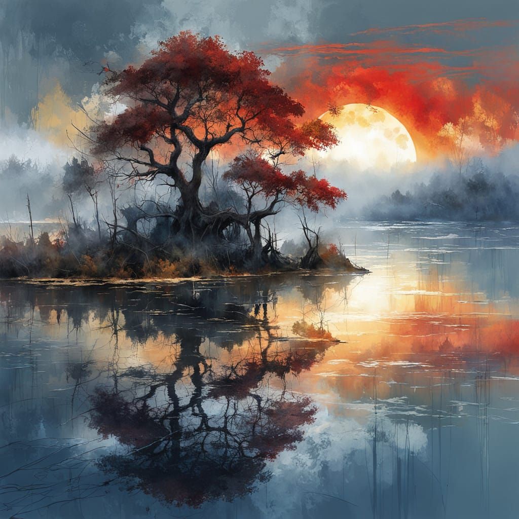 double exposure landscape, red sun shining, dawn ignites the horizon, ignites with golden lightning, ...  by @Mapont