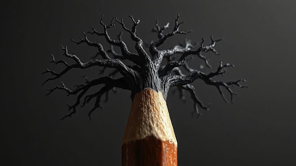 Pencil Metamorphous - A pencil transforming into a towering tree with branches of graphite Close up portrait, ambient light, Nikon 15mm f/1....