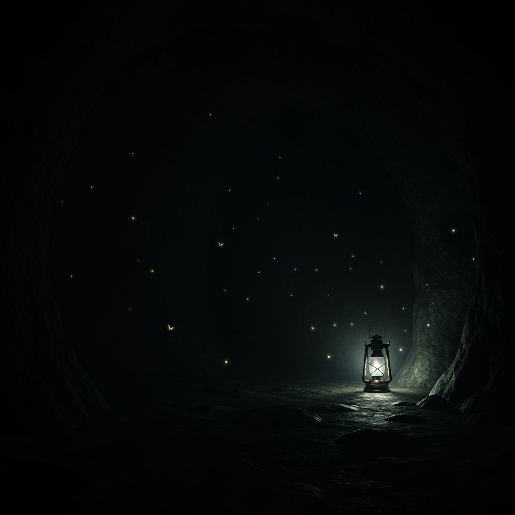 A single lantern glowing in a vast cave with small fireflies flickering across the darkness 
  by @so troy