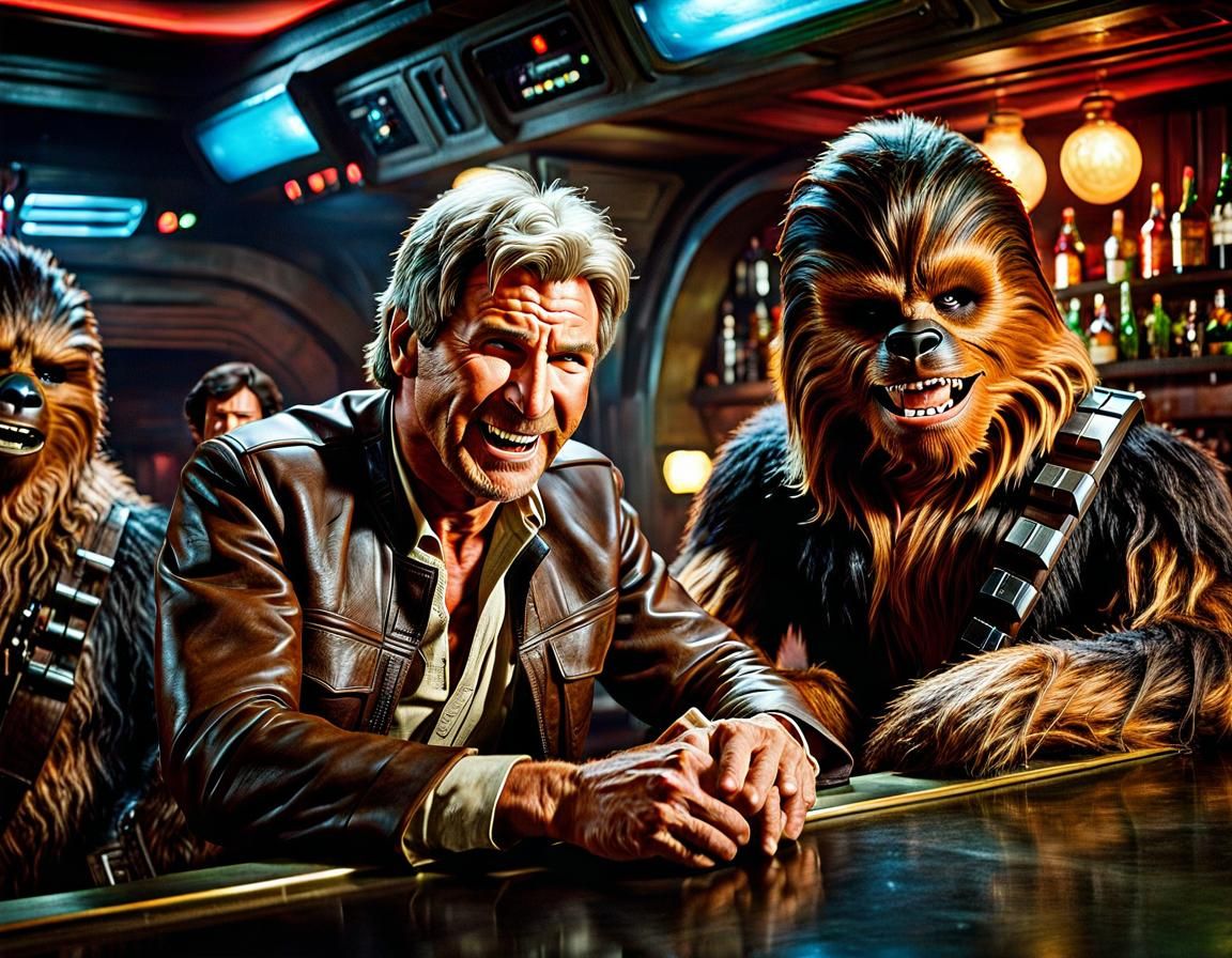 Wide angle shot of Harrison Ford as Han Solo and Chewbacca sitting at the bar in an alien cantina laughing. ...  by @Colin Davis