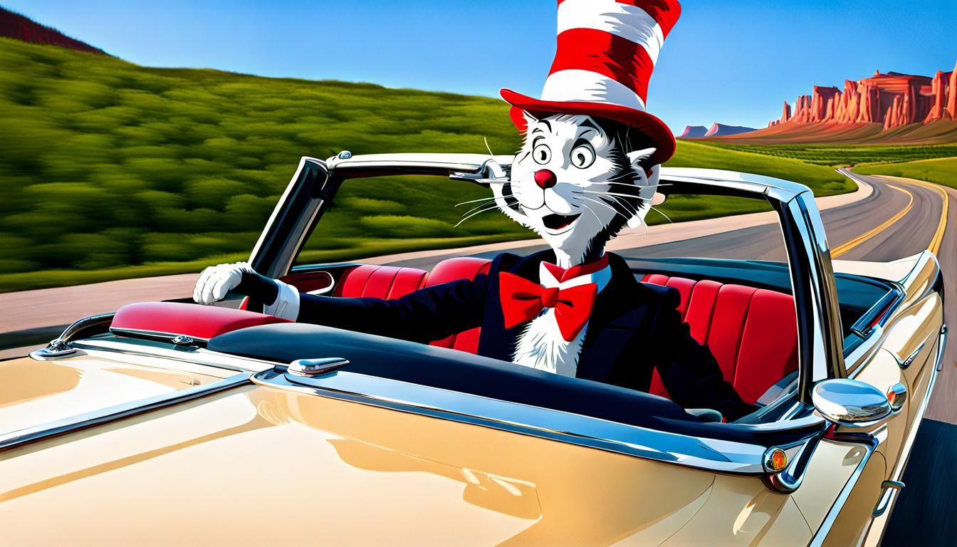 The cat in the hat  driving a Cadillac  convertible