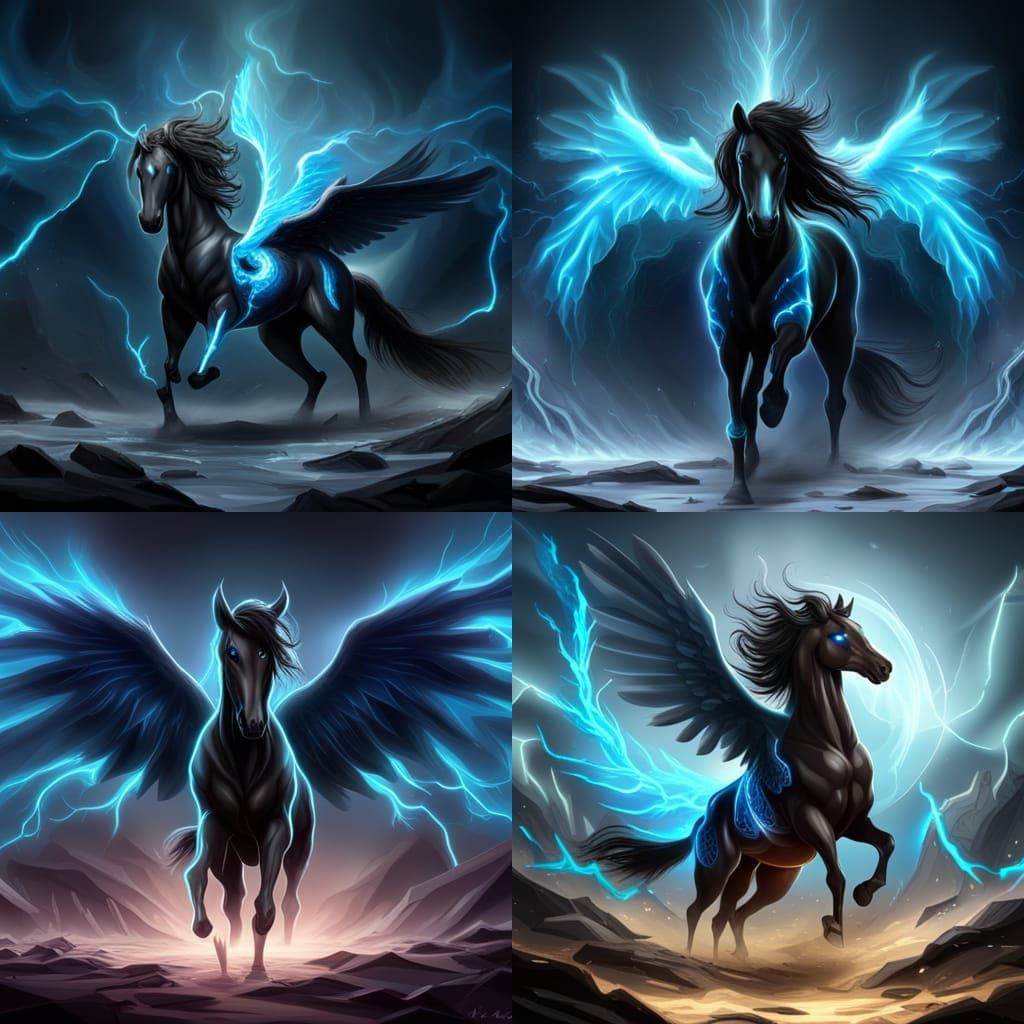 A muscular black horse with wings made of blue electricity