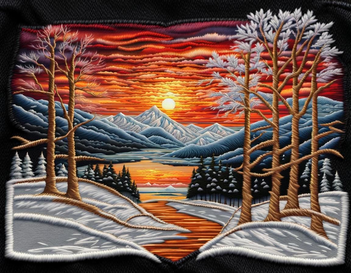 Winter sunset design on the back of a black jean jacket