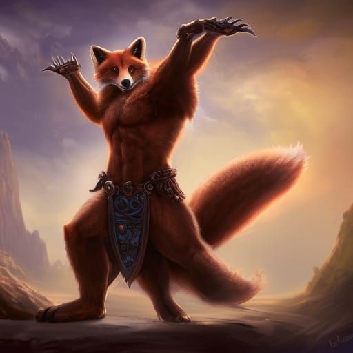 large anthropomorphic fox, muscular torso