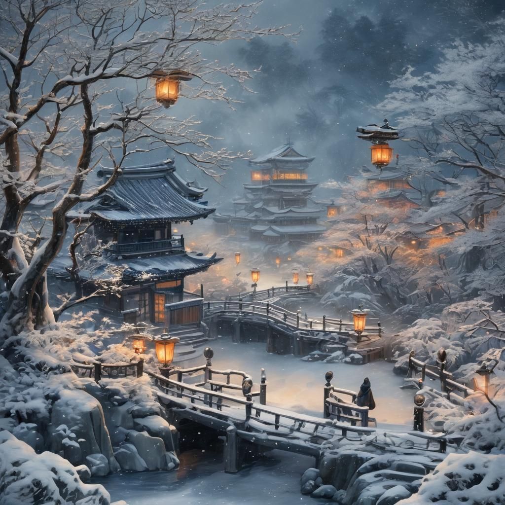 Icy Japanese Maze: Watercolor Digital Matte Painting