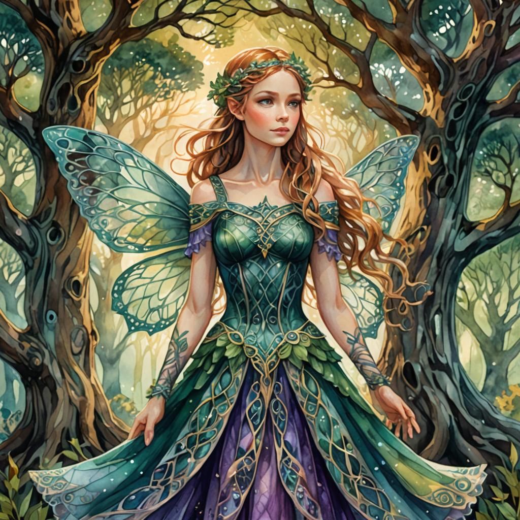 Celtic fairy with a hunter green lacy dress and beautiful sh...