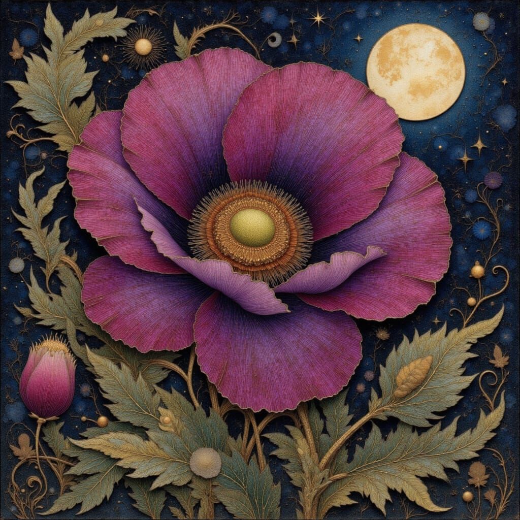 Gilt-Edged Poppy Tapestry in Folk Art Style