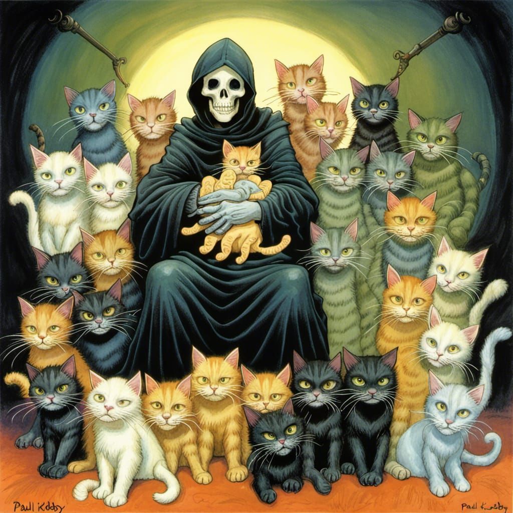 Death with an armload of cats including Greebo by Paul Kidby