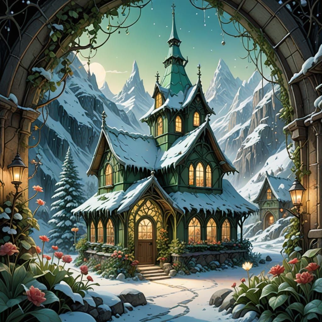 A snow-covered Gothic greenhouse high in the mountains