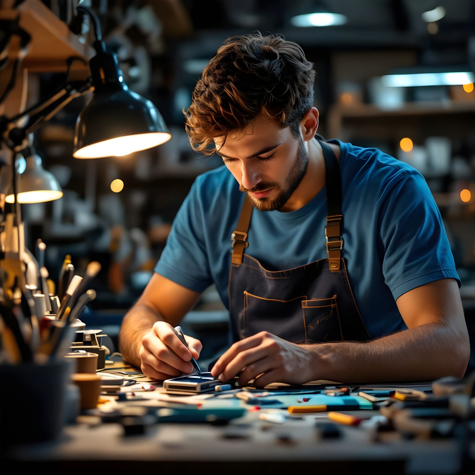 Technician Skillfully Repairs Mobile Phone in Warmly Lit Sho...