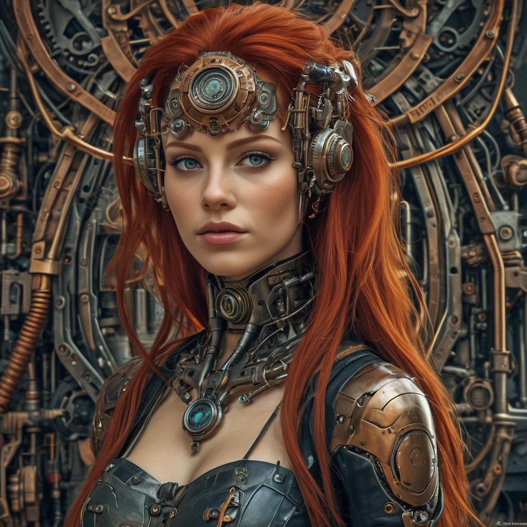 A beautiful red haired woman with cybernetic enhancements, b...