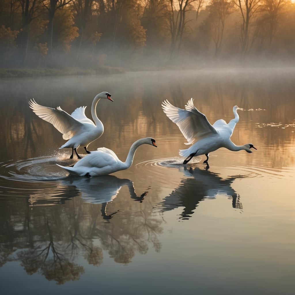 Two elegant swans gliding gracefully across a serene lake at...