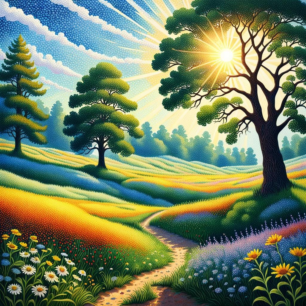 Meadow, wildflowers,, one tree, sun and sunlight, pointillism   by @Jerri