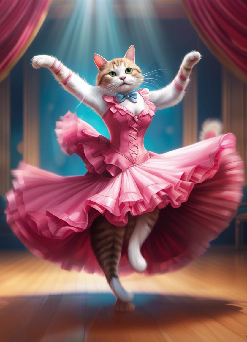 Photorealistic Beautiful Cat dancing the can-can in a dress,...