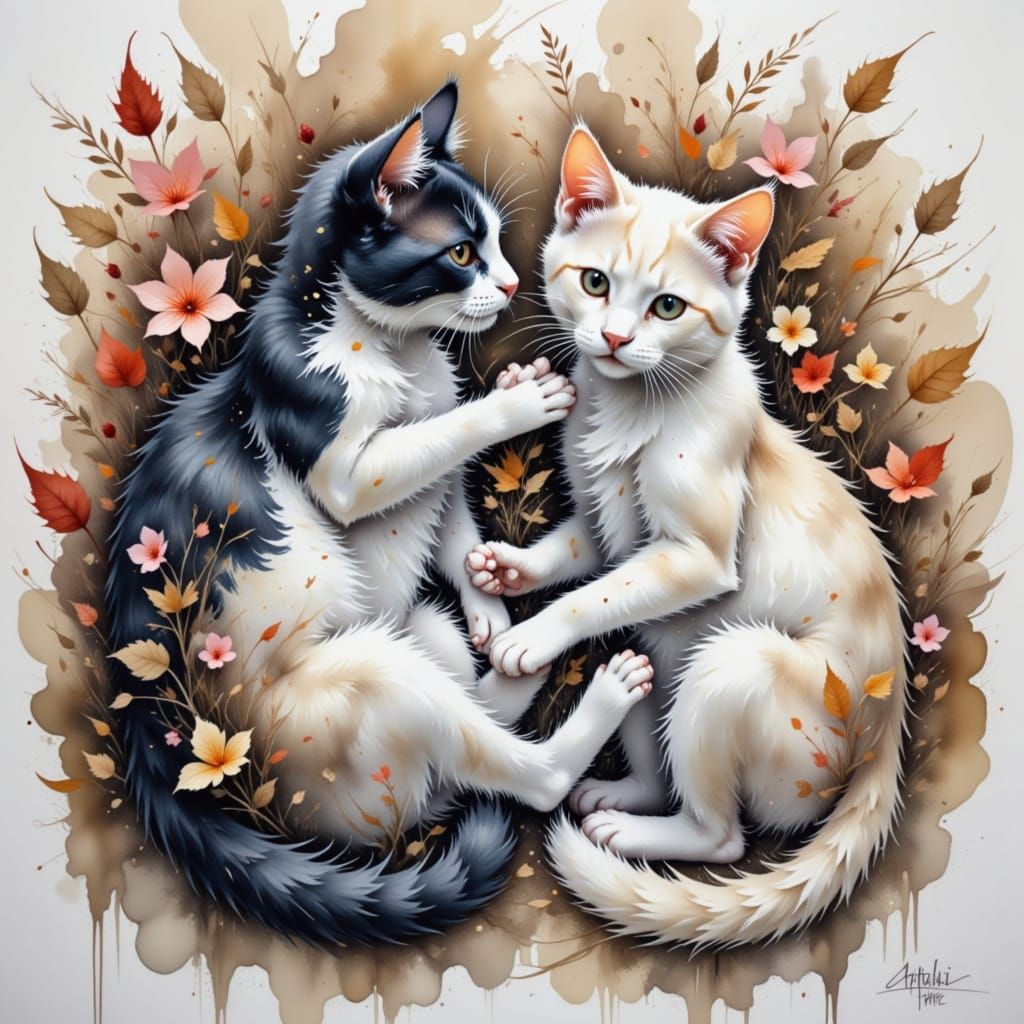 Yin and Yang Cats in Watercolor Style
