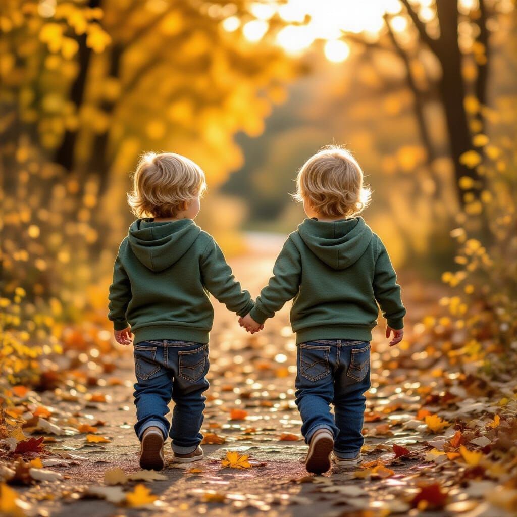 Twins in Autumn Leaves Under Golden Sunlight