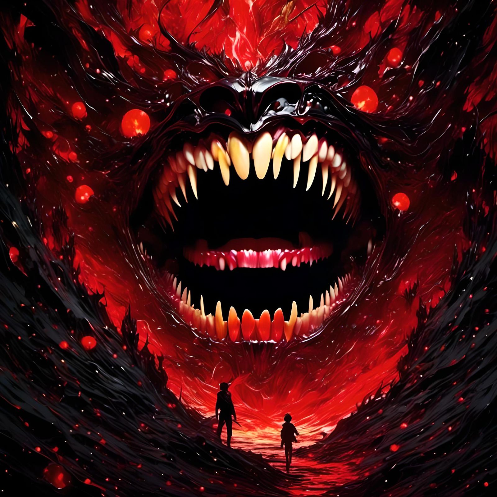 scary teeth forest dark black minimalism, impasto by leyendecker silhouette <lora:Barf:1.2> anime perfect expressive matte double texture, v...