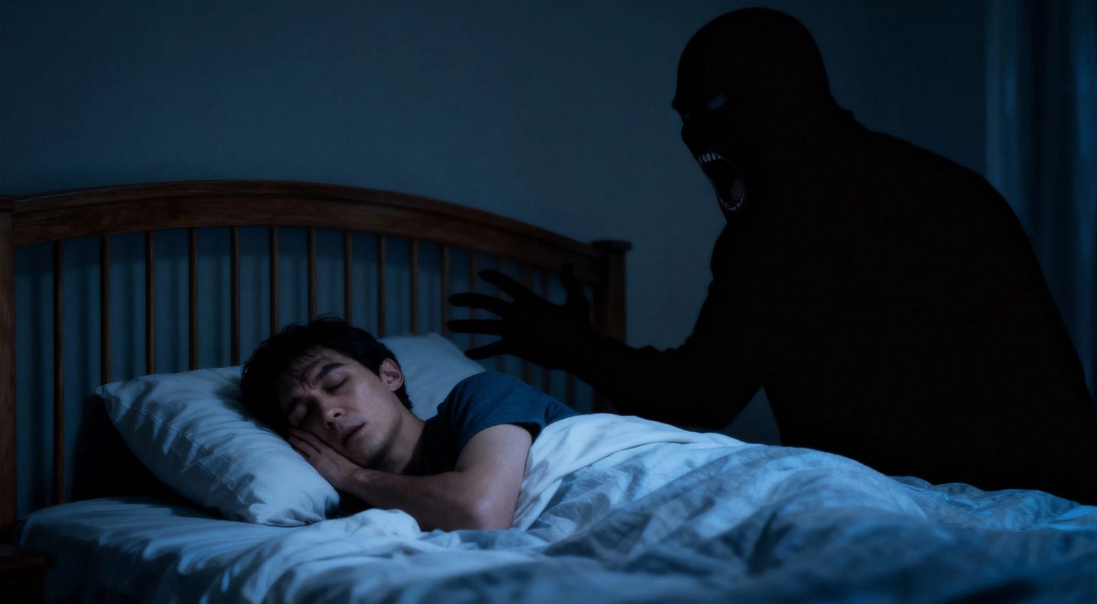 A scary Sleep paralysis nightmare a shadow person screaming at him accurately visualized.