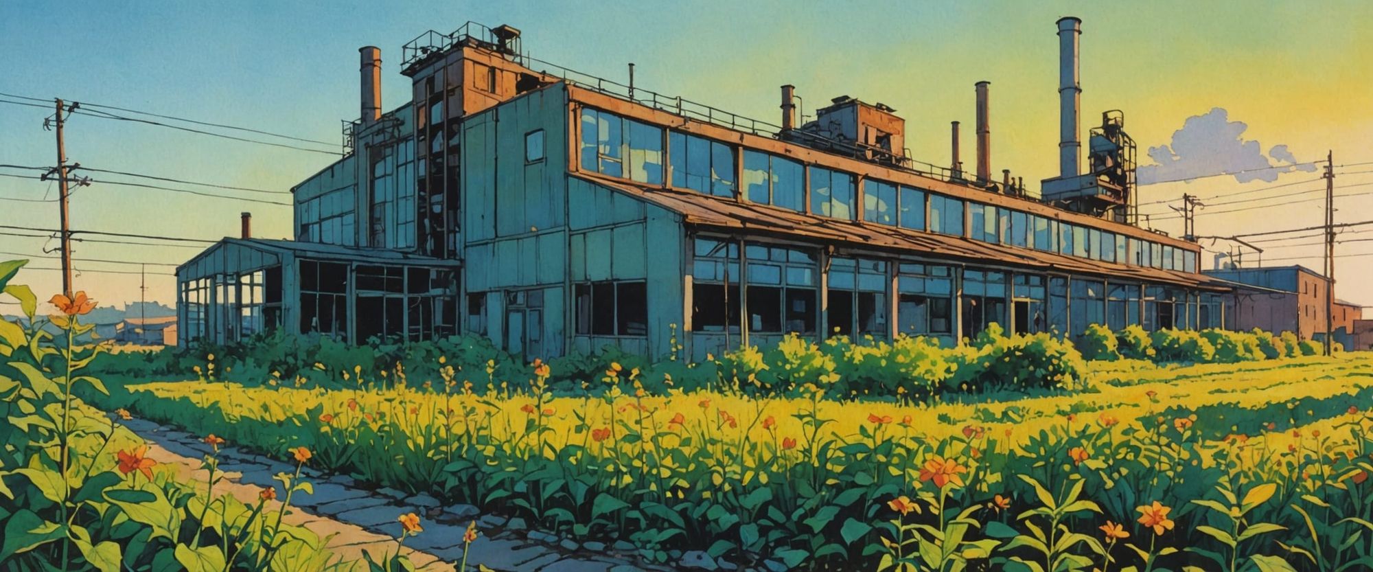  in sun glisten with dew, abandoned factory, light, bright, clear daytime sky, exotic plants, flowers, watercolor, gouache, retro comic book...
