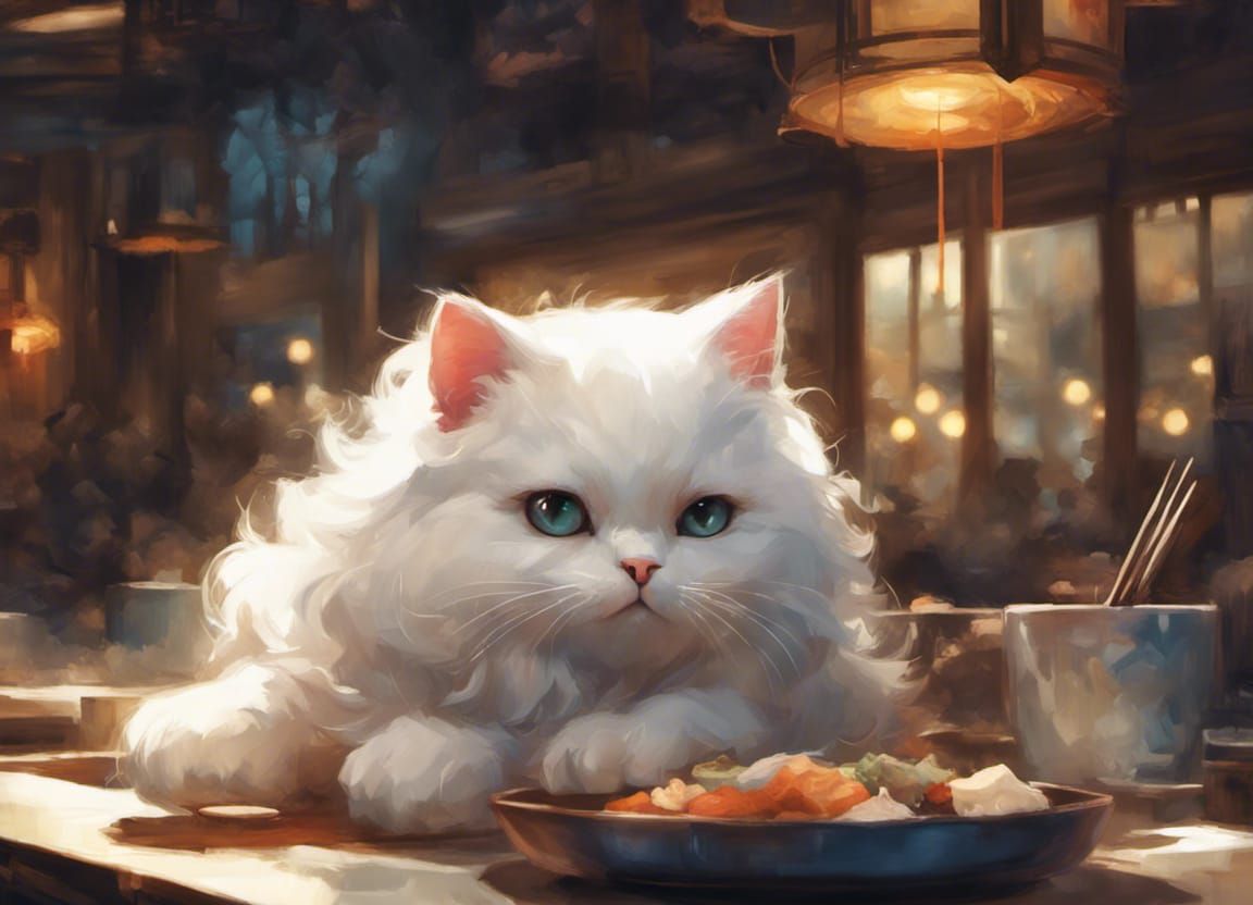 white cat with food - AI Generated Artwork - NightCafe Creator