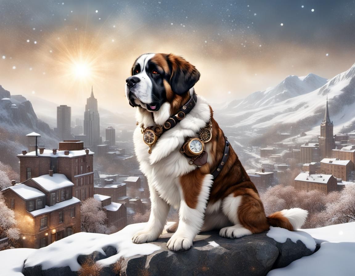 Steampunk Saint Bernard watching over the town of Robotica - AI ...