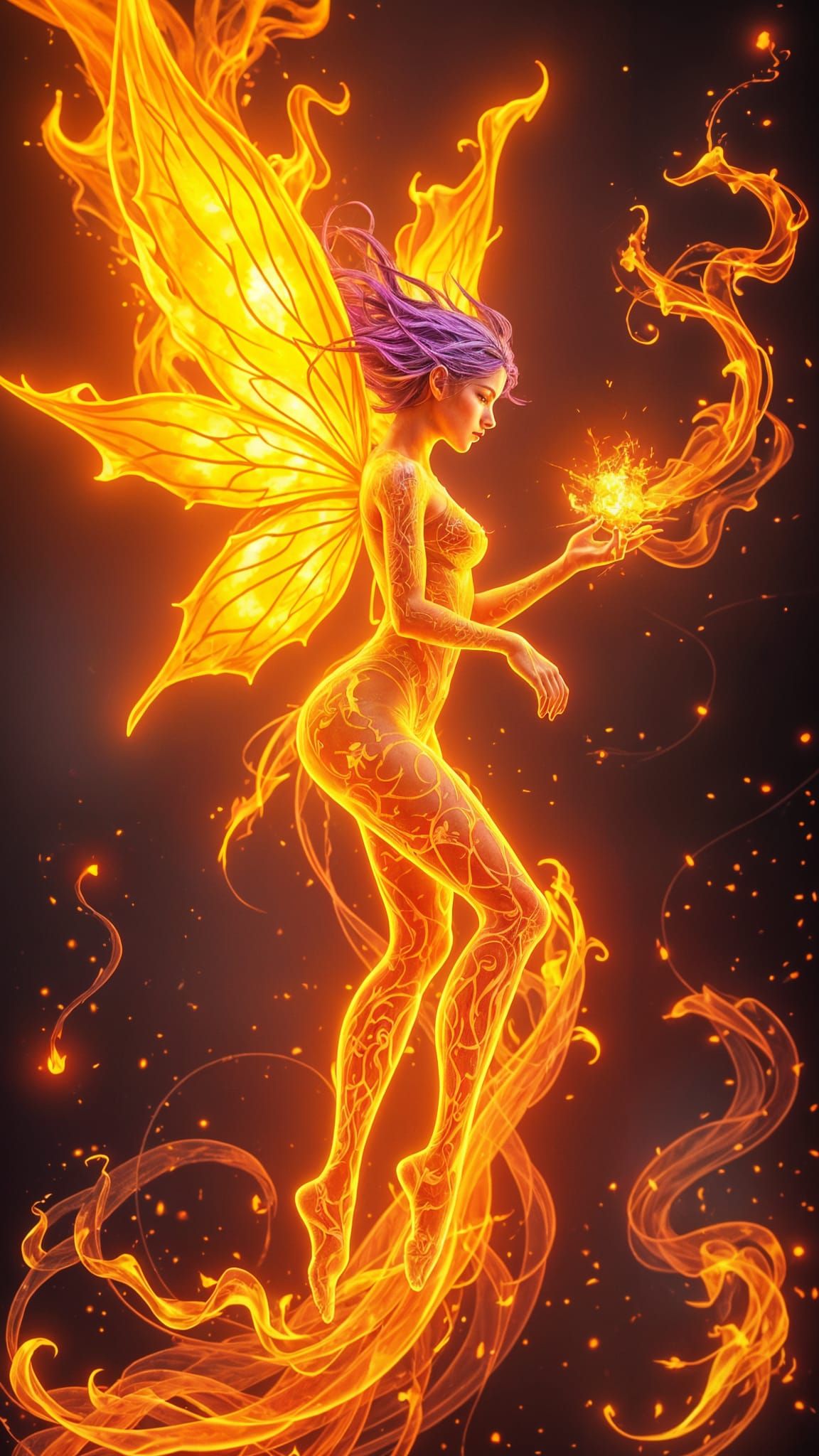 A surreal depiction of a pixie sorceress made of fire and flames only.
incredibly detailed, intricate ...  by @Taoxas