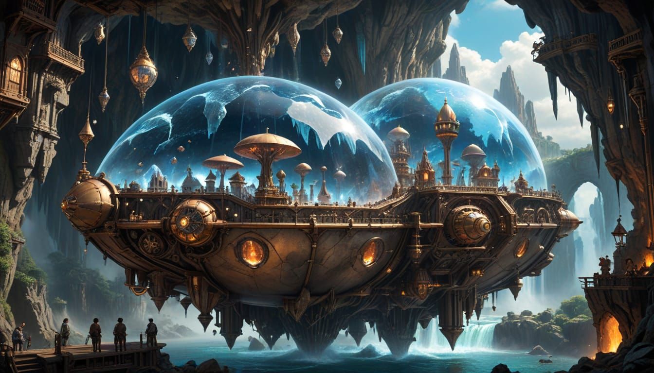 A steampunk city built within a giant, hollowed-out geode, with intricate brass mechanisms and glowing crystal formations. Airships navigate...