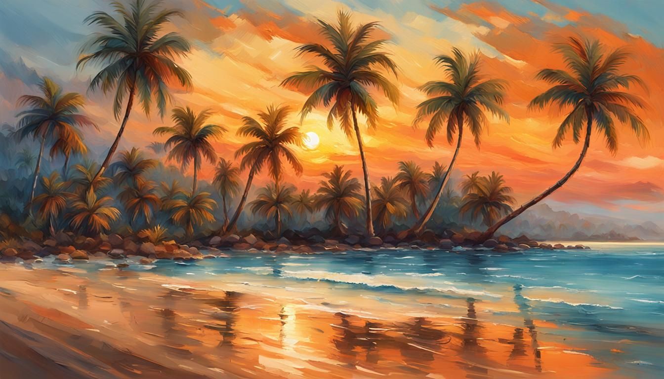 A beautiful wide-angle shot of a tropical beach at sunset. Palm-trees line the beach  by @NyghtRaven