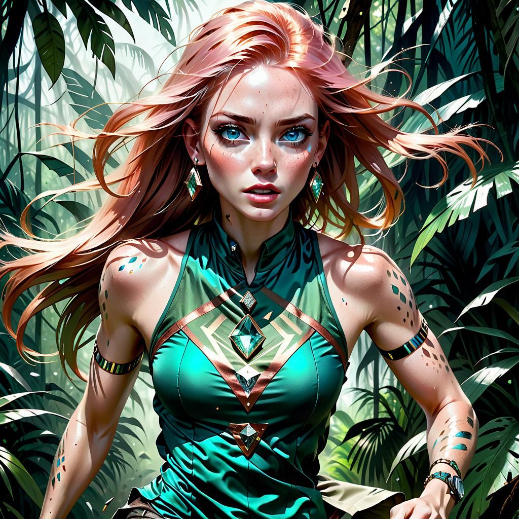 Beautiful Girl with Rosegold Hair, Scared in the Jungle
