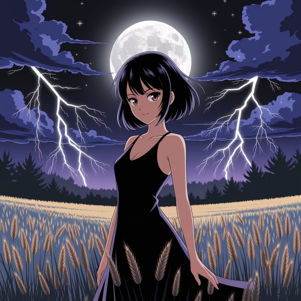 Anime Woman Embraces Moonlit Serenity in a Stormy Night