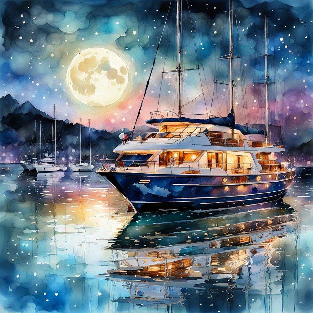 Yacht on Moonlit Waters: Digital Watercolor Illustration
