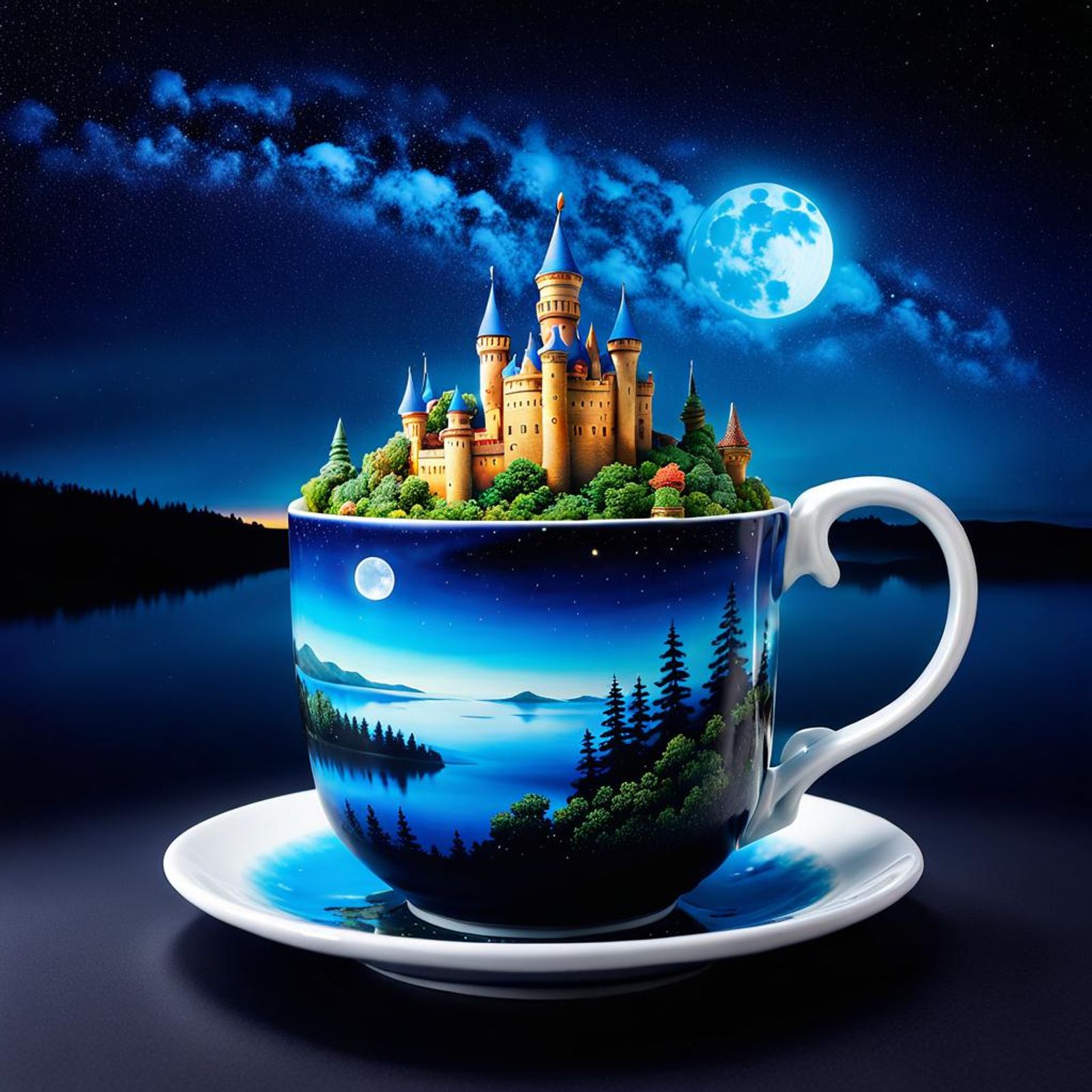 Magical Coffee Cup Castle Under A Moonlit Sky with A Lake - AI ...