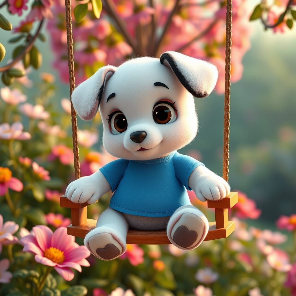 Cute Plush Puppy on Swing in Pixar Cartoon Style